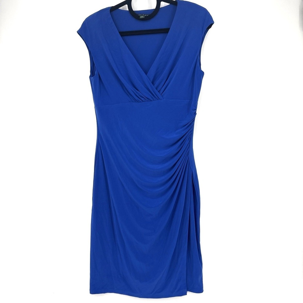 Lauren Ralph Lauren Bodycon Dress 10 Blue Draped Neckline Ruched Side Romantic